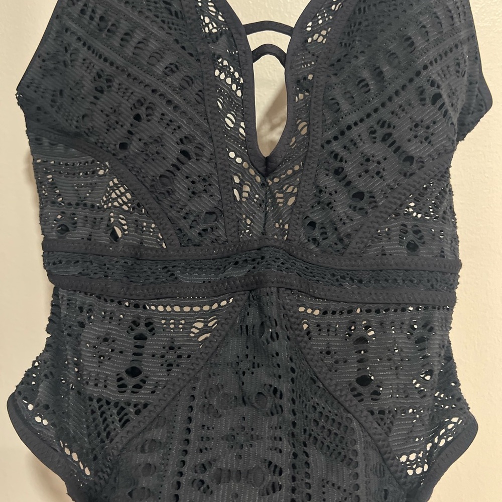 BECCA Black Crochet One-Piece Swimsuit - Picture 3 of 15